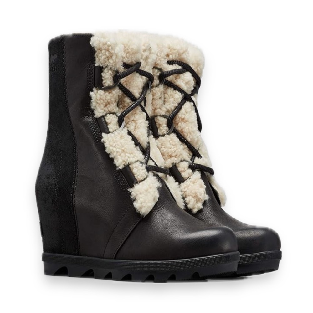 Sorel Black Leather Wedge Boots with Cream Shearling